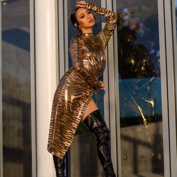 Brown and Gold Pleated Cut Out Bodycon Dress - Picture 1 of 6